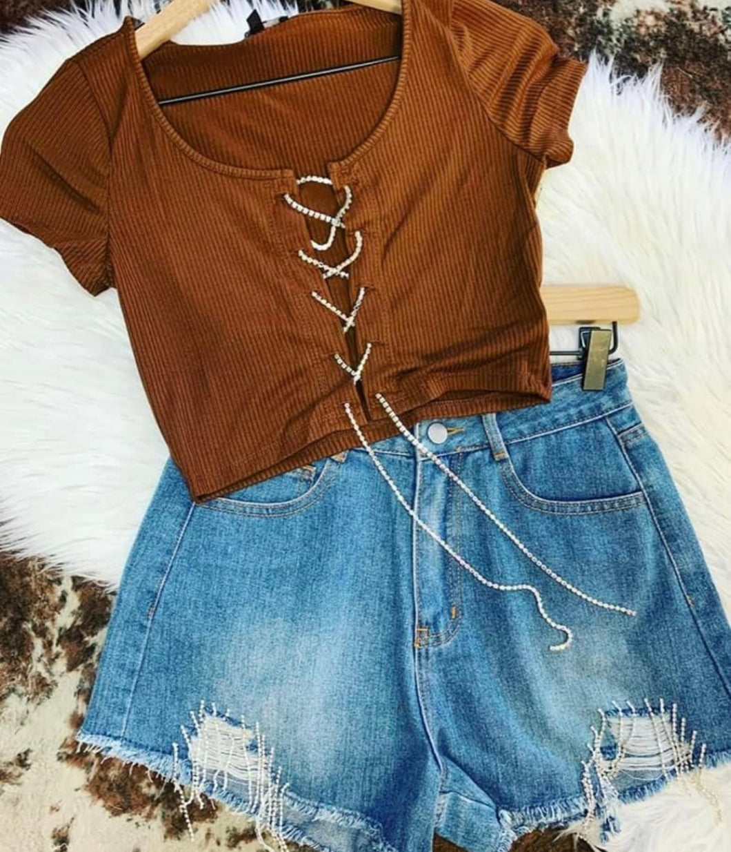 Rhinestone tied brown crop top